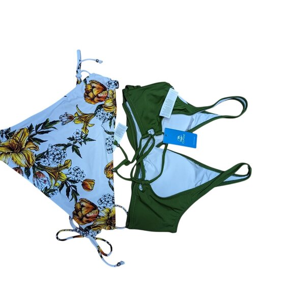 NWT Cupshe Women Two Piece Swimsuit Large Green White Floral Bikini Tie Adjust - Picture 5 of 5